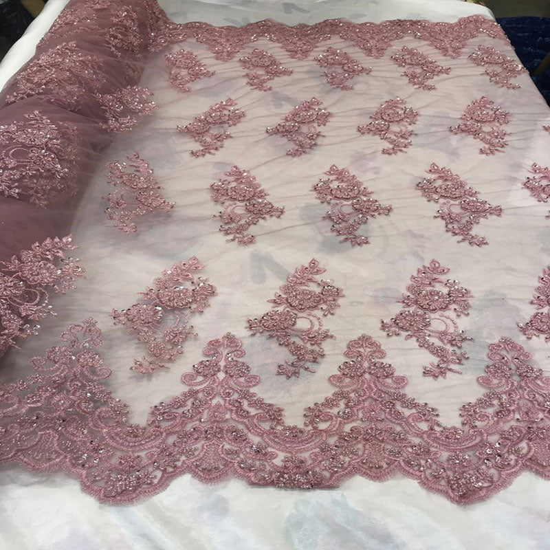 Embroidered Mesh Floral Beaded Lace Fabric By The YardICEFABRICICE FABRICSDusty RoseEmbroidered Mesh Floral Beaded Lace Fabric By The Yard ICEFABRIC Dusty Rose