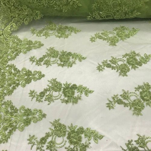 Embroidered Mesh Floral Beaded Lace Fabric By The YardICEFABRICICE FABRICSLimeEmbroidered Mesh Floral Beaded Lace Fabric By The Yard ICEFABRIC Lime
