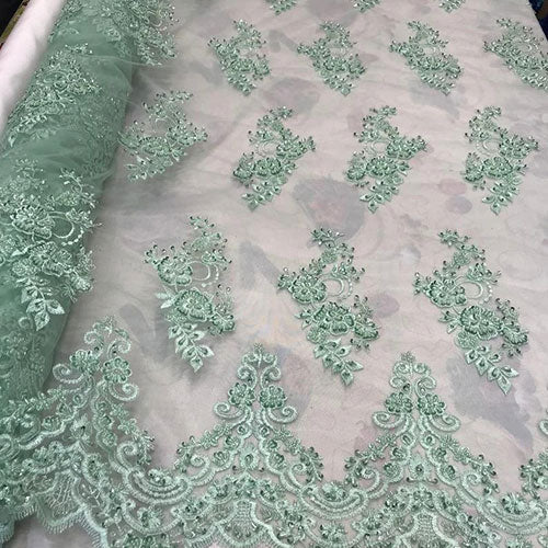 Embroidered Mesh Floral Beaded Lace Fabric By The YardICEFABRICICE FABRICSMintEmbroidered Mesh Floral Beaded Lace Fabric By The Yard ICEFABRIC Mint