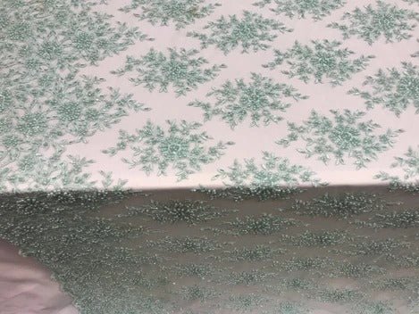 Embroidered Mesh Floral Beaded Lace Wedding FabricICE FABRICSICE FABRICSLight GreenEmbroidered Mesh Floral Beaded Lace Wedding Fabric ICE FABRICS Light Green