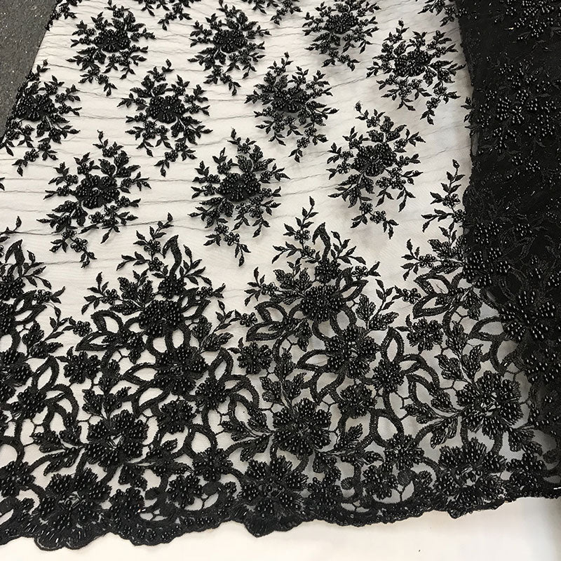 Embroidered Mesh Floral Beaded Lace Wedding FabricICE FABRICSICE FABRICSBlackEmbroidered Mesh Floral Beaded Lace Wedding Fabric ICE FABRICS Black