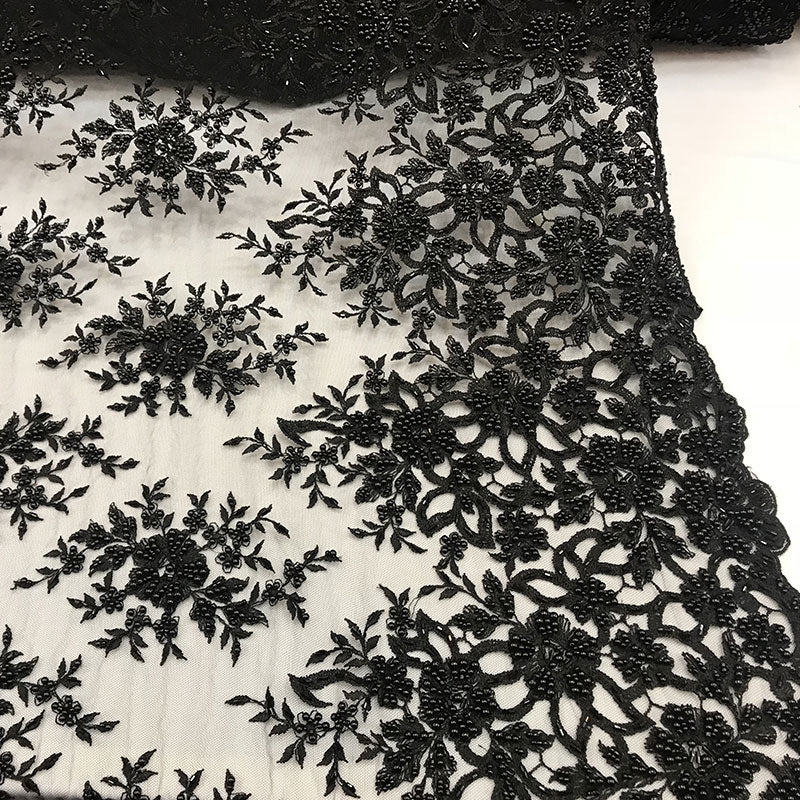 Embroidered Mesh Floral Beaded Lace Wedding FabricICE FABRICSICE FABRICSBlackEmbroidered Mesh Floral Beaded Lace Wedding Fabric ICE FABRICS Black