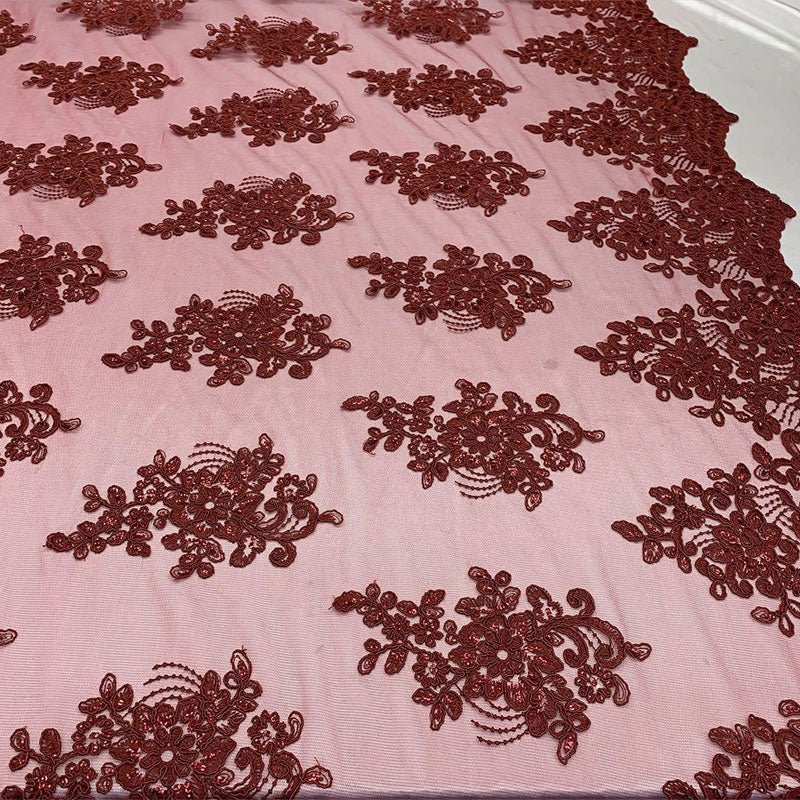 Embroidered Mesh lace Floral Design Fabric With Sequins By The YardICEFABRICICE FABRICSSilver/GrayEmbroidered Mesh lace Floral Design Fabric With Sequins By The Yard ICEFABRIC Burgundy