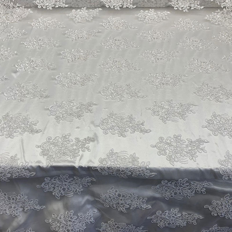 Embroidered Mesh lace Floral Design Fabric With Sequins By The YardICEFABRICICE FABRICSWhiteEmbroidered Mesh lace Floral Design Fabric With Sequins By The Yard ICEFABRIC White