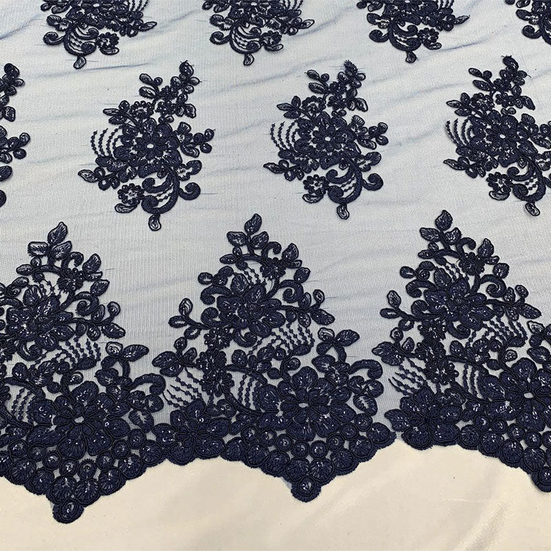 Embroidered Mesh lace Floral Design Fabric With Sequins By The YardICEFABRICICE FABRICSLavenderEmbroidered Mesh lace Floral Design Fabric With Sequins By The Yard ICEFABRIC Navy Blue