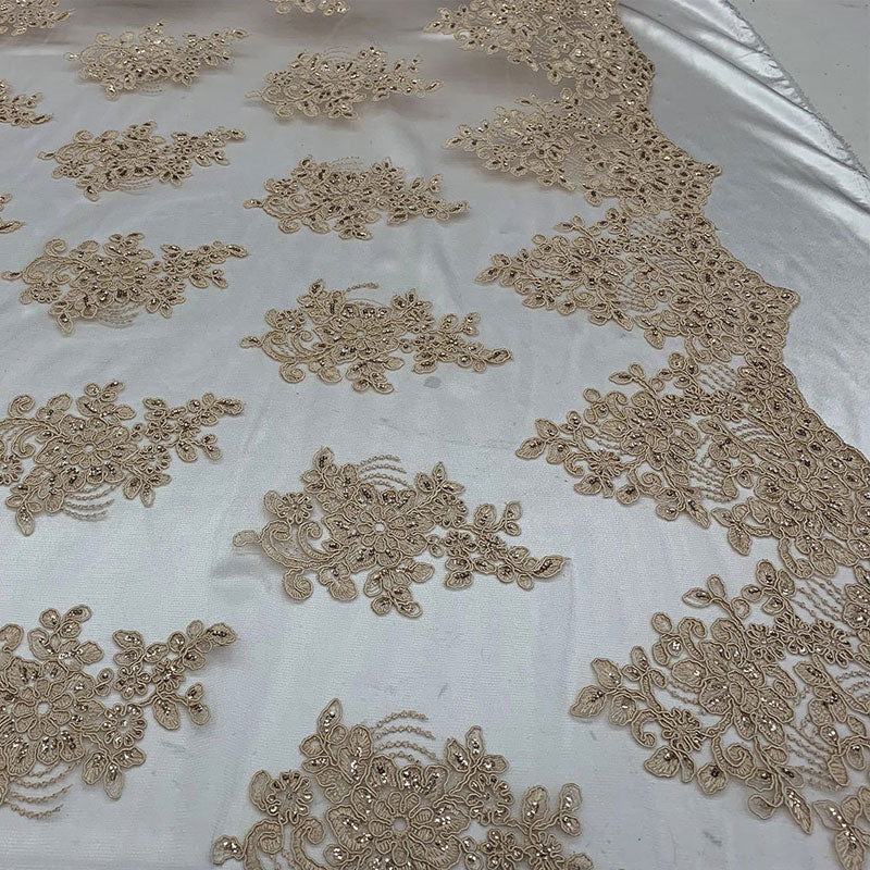 Embroidered Mesh lace Floral Design Fabric With Sequins By The YardICEFABRICICE FABRICSChampagneEmbroidered Mesh lace Floral Design Fabric With Sequins By The Yard ICEFABRIC Champagne