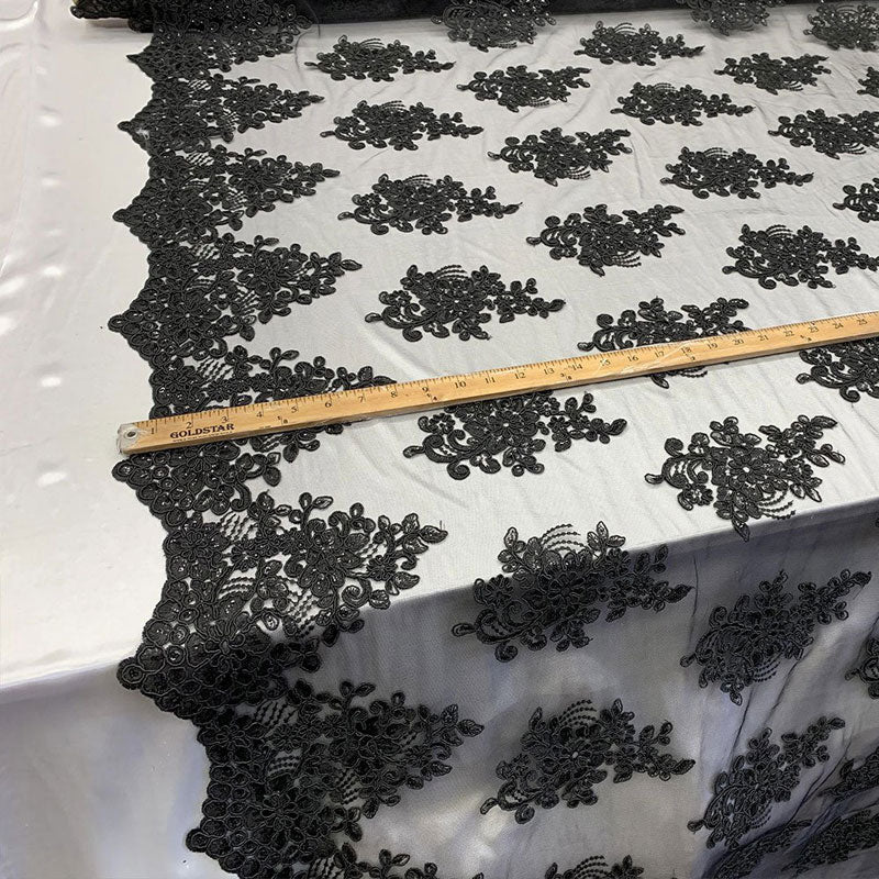 Embroidered Mesh lace Floral Design Fabric With Sequins By The YardICEFABRICICE FABRICSBlackEmbroidered Mesh lace Floral Design Fabric With Sequins By The Yard ICEFABRIC Black