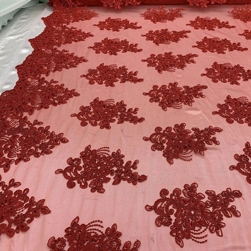 Embroidered Mesh lace Floral Design Fabric With Sequins By The YardICEFABRICICE FABRICSRedEmbroidered Mesh lace Floral Design Fabric With Sequins By The Yard ICEFABRIC Red