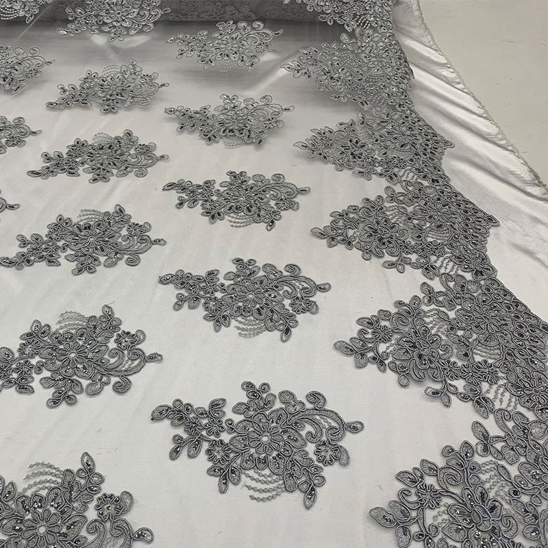 Embroidered Mesh lace Floral Design Fabric With Sequins By The YardICEFABRICICE FABRICSGoldEmbroidered Mesh lace Floral Design Fabric With Sequins By The Yard ICEFABRIC Silver/Gray