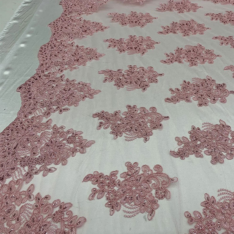 Embroidered Mesh lace Floral Design Fabric With Sequins By The YardICEFABRICICE FABRICSChampagneEmbroidered Mesh lace Floral Design Fabric With Sequins By The Yard ICEFABRIC Light Pink