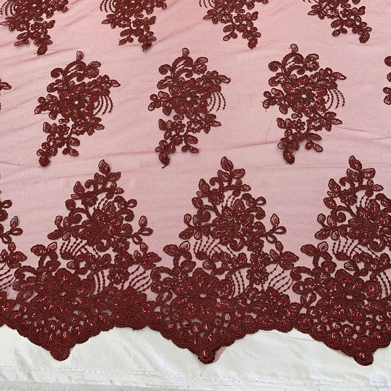 Embroidered Mesh lace Floral Design Fabric With Sequins By The YardICEFABRICICE FABRICSSilver/GrayEmbroidered Mesh lace Floral Design Fabric With Sequins By The Yard ICEFABRIC Burgundy