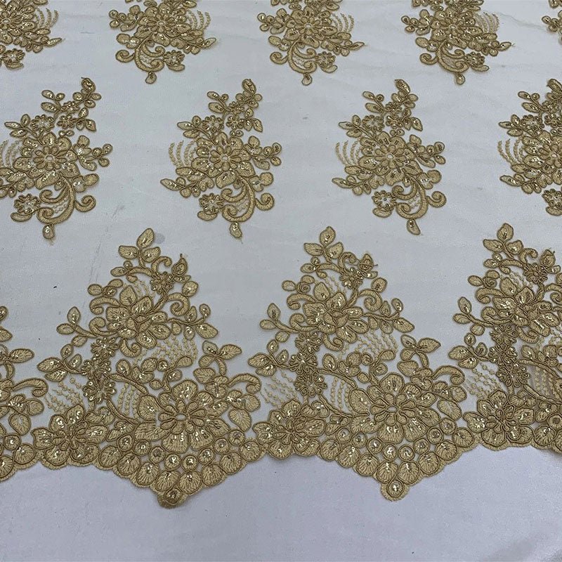 Embroidered Mesh lace Floral Design Fabric With Sequins By The YardICEFABRICICE FABRICSGoldEmbroidered Mesh lace Floral Design Fabric With Sequins By The Yard ICEFABRIC Gold