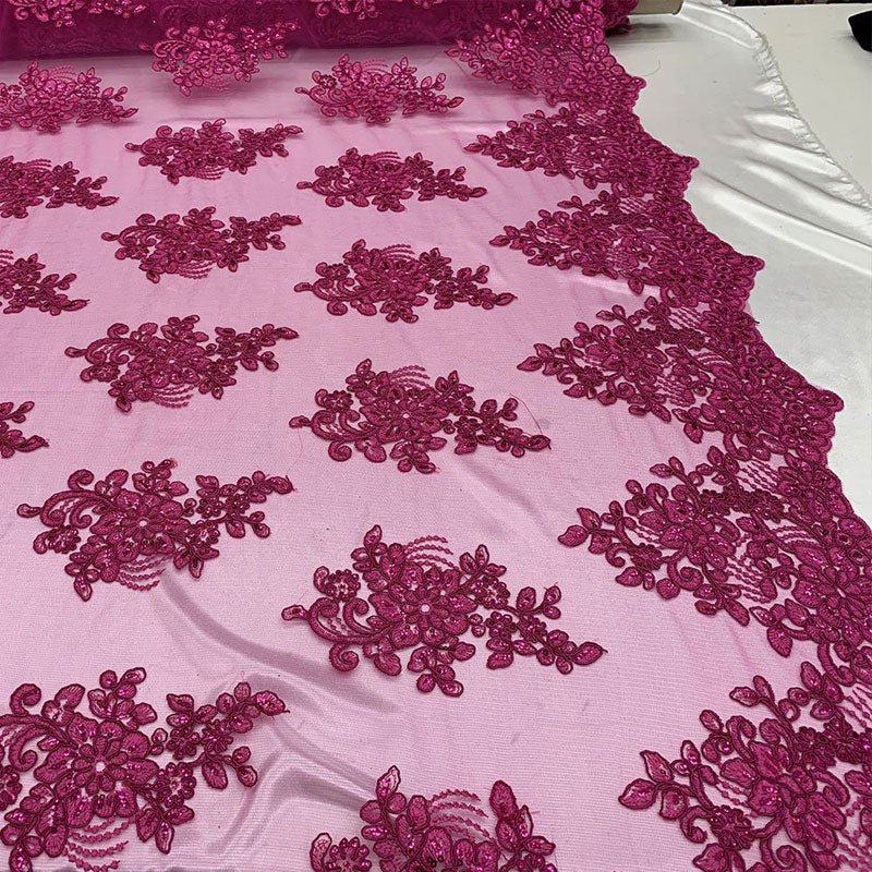 Embroidered Mesh lace Floral Design Fabric With Sequins By The YardICEFABRICICE FABRICSFuchsiaEmbroidered Mesh lace Floral Design Fabric With Sequins By The Yard ICEFABRIC Fuchsia