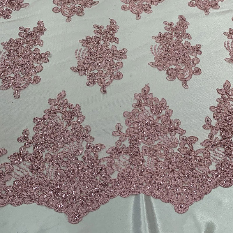 Embroidered Mesh lace Floral Design Fabric With Sequins By The YardICEFABRICICE FABRICSChampagneEmbroidered Mesh lace Floral Design Fabric With Sequins By The Yard ICEFABRIC Light Pink