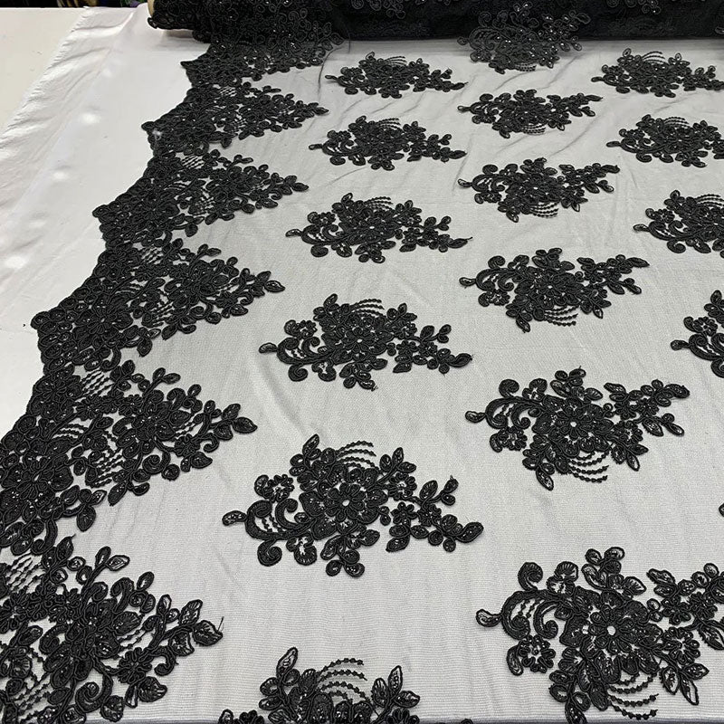 Embroidered Mesh lace Floral Design Fabric With Sequins By The YardICEFABRICICE FABRICSBlackEmbroidered Mesh lace Floral Design Fabric With Sequins By The Yard ICEFABRIC Black