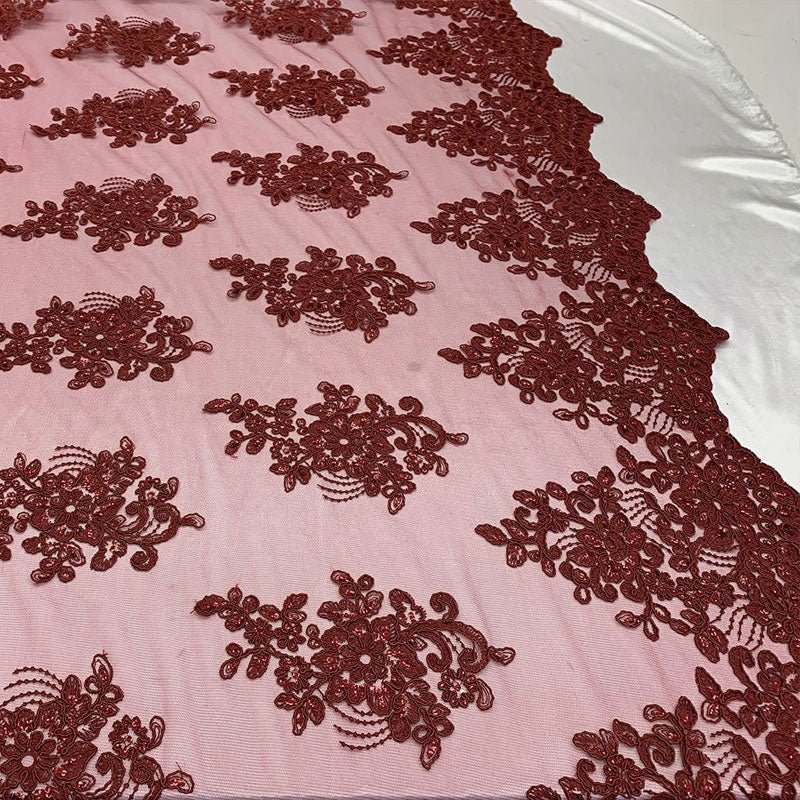 Embroidered Mesh lace Floral Design Fabric With Sequins By The YardICEFABRICICE FABRICSSilver/GrayEmbroidered Mesh lace Floral Design Fabric With Sequins By The Yard ICEFABRIC Burgundy