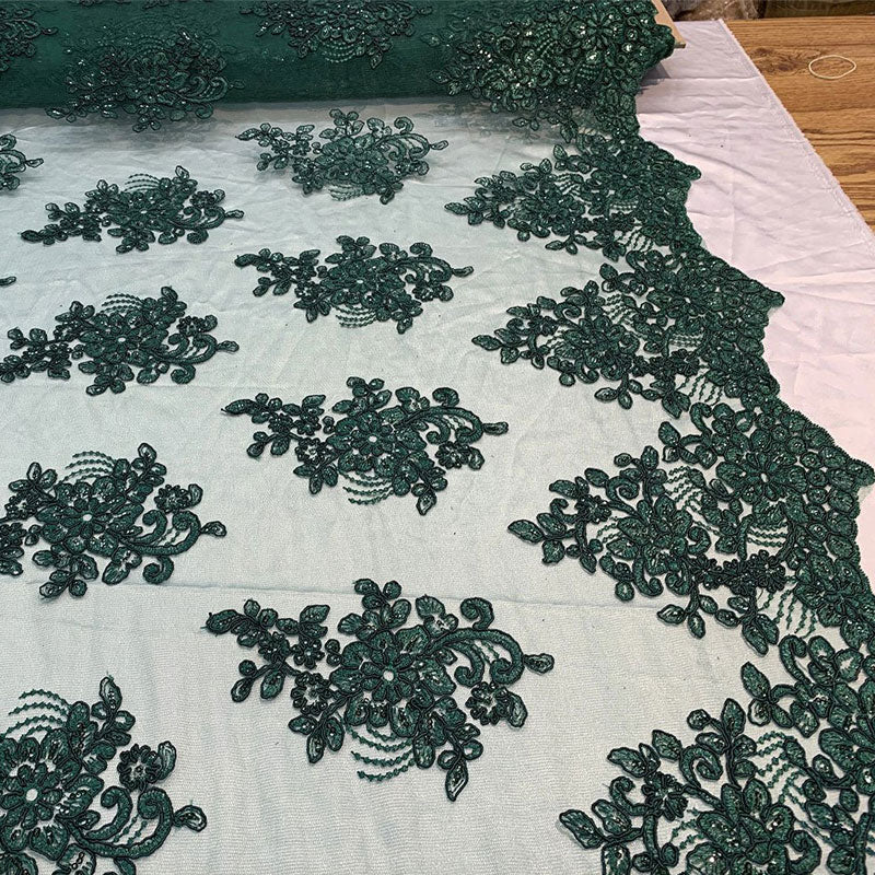 Embroidered Mesh lace Floral Design Fabric With Sequins By The YardICEFABRICICE FABRICSHunter GreenEmbroidered Mesh lace Floral Design Fabric With Sequins By The Yard ICEFABRIC Hunter Green