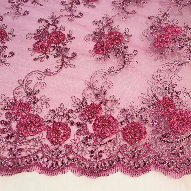 Embroidered Mesh Lace Flower Design With Sequins FabricICEFABRICICE FABRICSFuchsiaEmbroidered Mesh Lace Flower Design With Sequins Fabric ICEFABRIC Fuchsia