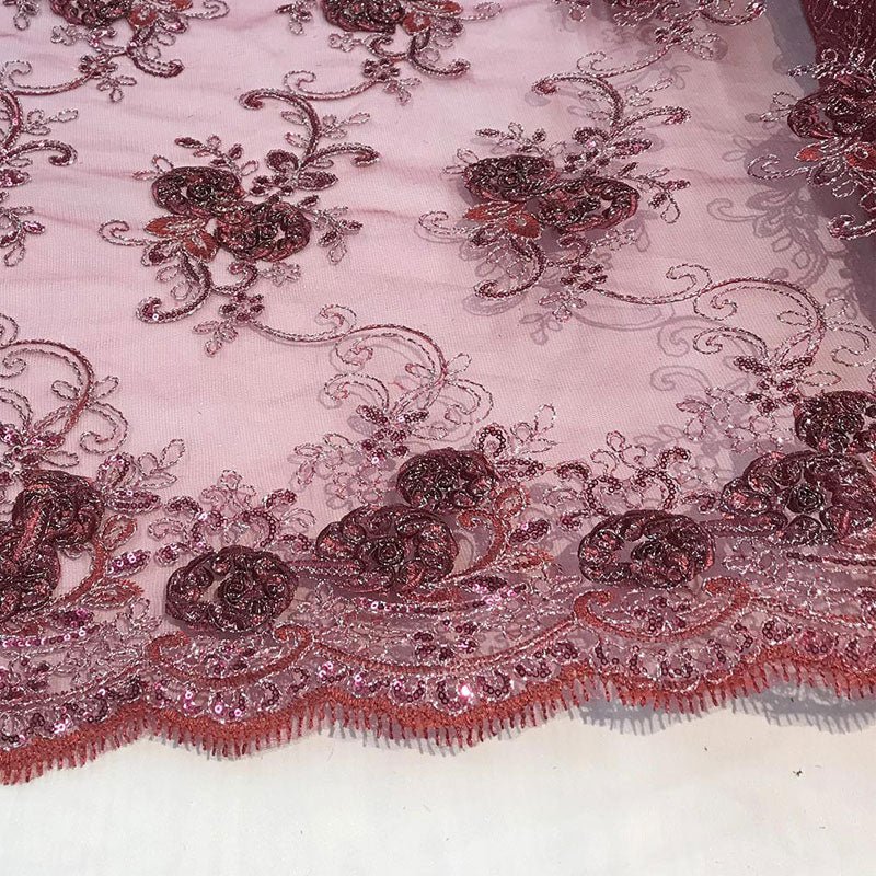 Embroidered Mesh Lace Flower Design With Sequins FabricICEFABRICICE FABRICSBurgundyEmbroidered Mesh Lace Flower Design With Sequins Fabric ICEFABRIC Burgundy