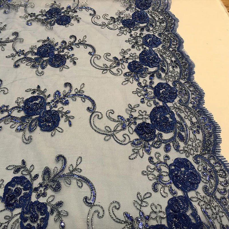 Embroidered Mesh Lace Flower Design With Sequins FabricICEFABRICICE FABRICSRoyal BlueEmbroidered Mesh Lace Flower Design With Sequins Fabric ICEFABRIC Royal Blue