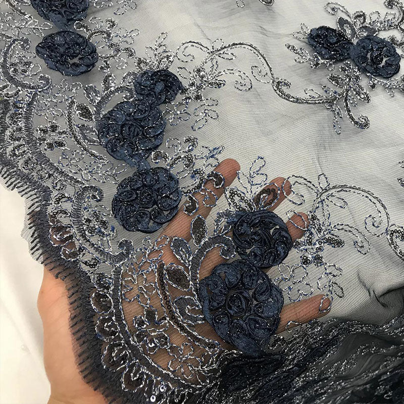 Embroidered Mesh Lace Flower Design With Sequins FabricICEFABRICICE FABRICSNavy BlueEmbroidered Mesh Lace Flower Design With Sequins Fabric ICEFABRIC Navy Blue