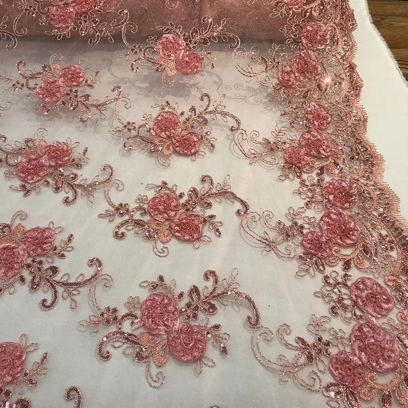 Embroidered Mesh Lace Flower Design With Sequins FabricICEFABRICICE FABRICSDusty RoseEmbroidered Mesh Lace Flower Design With Sequins Fabric ICEFABRIC Coral