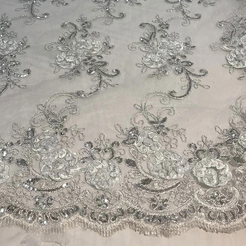 Embroidered Mesh Lace Flower Design Fabric - IceFabrics