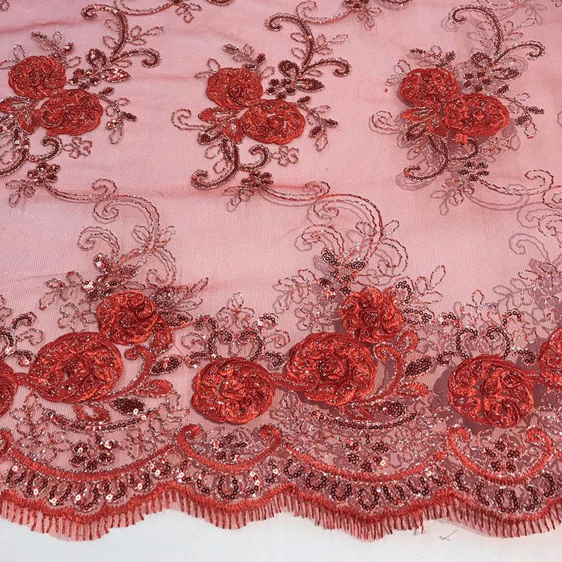 Embroidered Mesh Lace Flower Design With Sequins FabricICEFABRICICE FABRICSRoyal BlueEmbroidered Mesh Lace Flower Design With Sequins Fabric ICEFABRIC Red