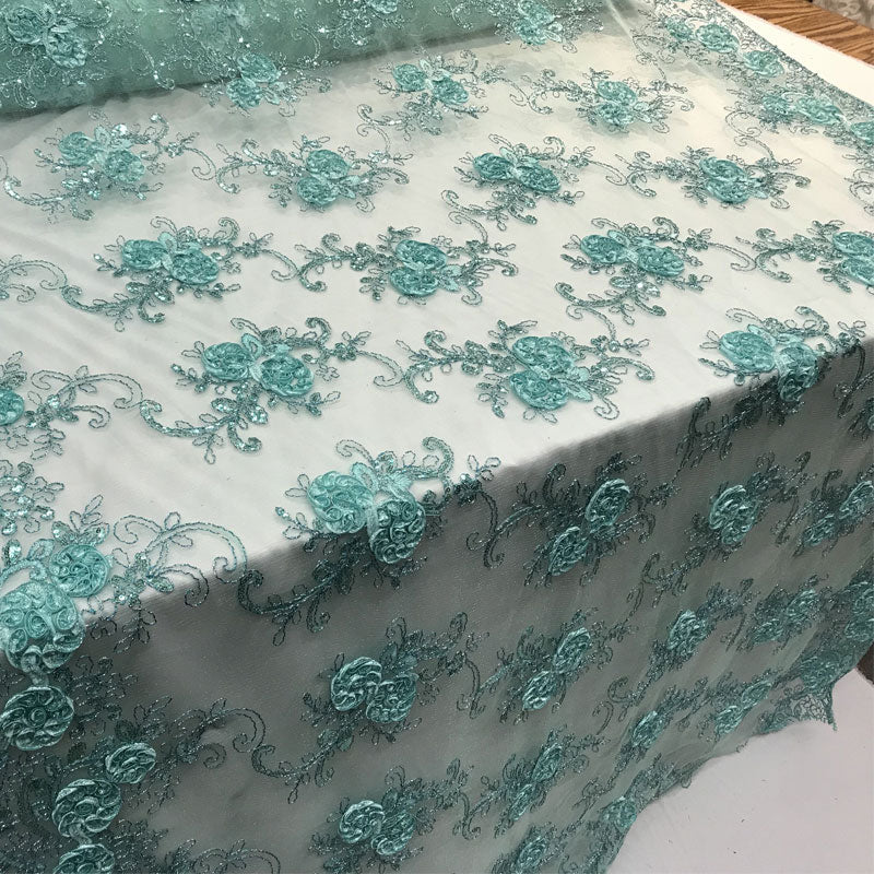 Embroidered Mesh Lace Flower Design With Sequins FabricICEFABRICICE FABRICSMintEmbroidered Mesh Lace Flower Design With Sequins Fabric ICEFABRIC Mint