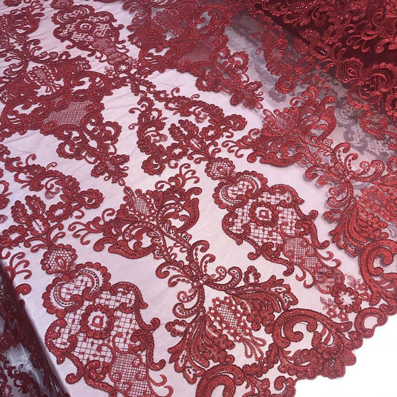 Embroidered Wedding Prom Design Mesh Lace Sequins Dress By The YardICE FABRICSICE FABRICSBurgundyEmbroidered Wedding Prom Design Mesh Lace Sequins Dress By The Yard ICE FABRICS Burgundy