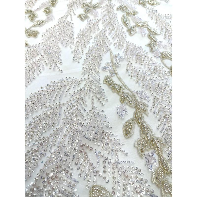 Buy Hand Beaded Sequins Embroidery on Mesh Lace Fabric