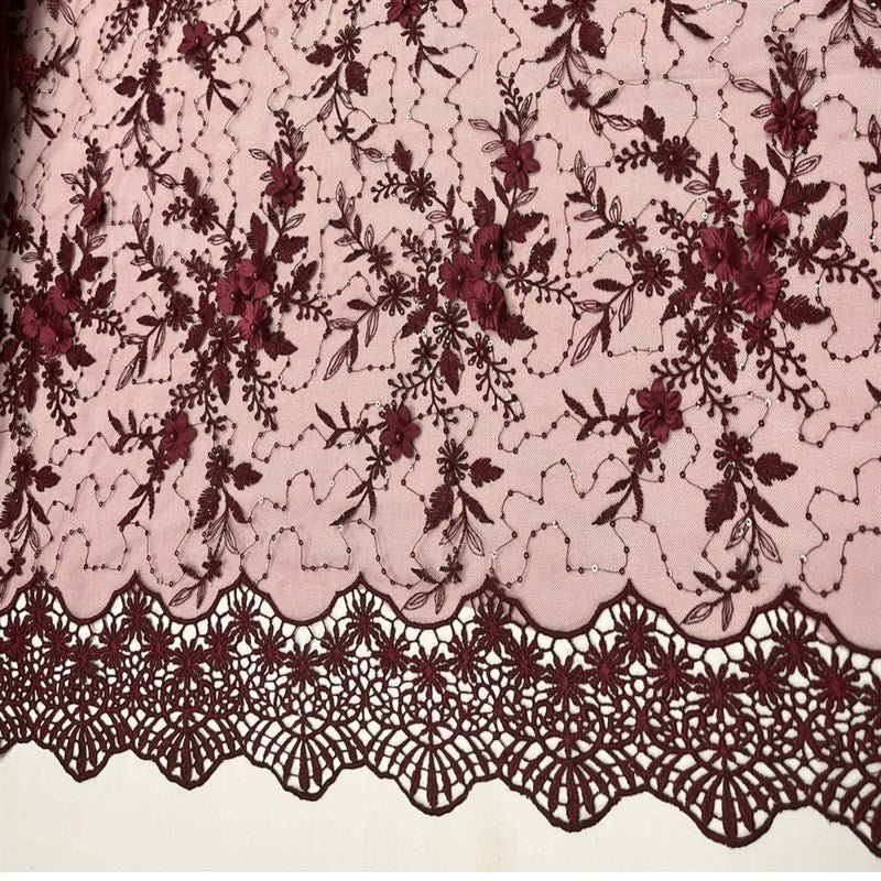 Fashion 3D Flowers Floral Beaded Lace FabricICE FABRICSICE FABRICSBy The Yard50" WideBurgundyFashion 3D Flowers Floral Beaded Lace Fabric ICE FABRICS Burgundy