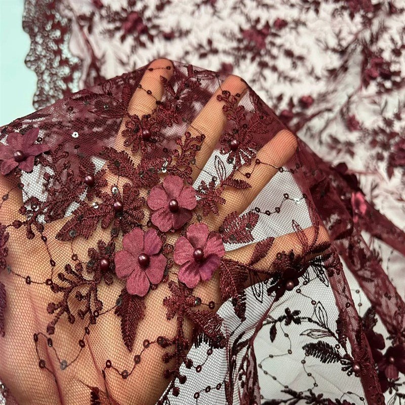 Fashion 3D Flowers Floral Beaded Lace FabricICE FABRICSICE FABRICSBy The Yard50" WideBurgundyFashion 3D Flowers Floral Beaded Lace Fabric ICE FABRICS Burgundy