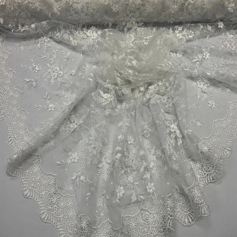 Fashion 3D Flowers Floral Beaded White Lace FabricICE FABRICSICE FABRICSBy The Yard (50" Wide)WhiteFashion 3D Flowers Floral Beaded White Lace Fabric ICE FABRICS