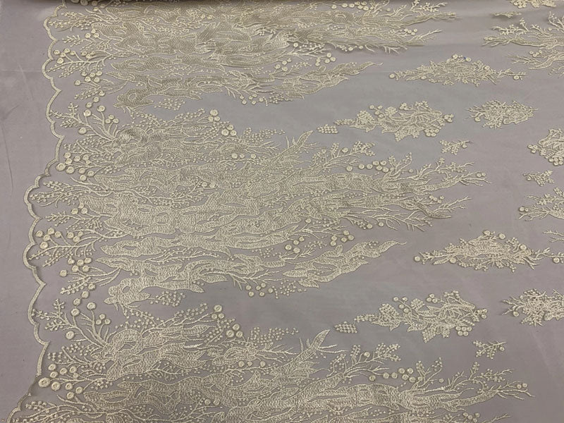 Beaded Floral Ivory Couture Lace Fabric by the Yard