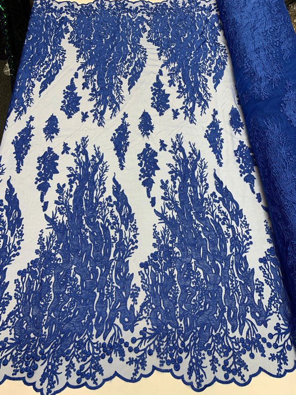 Fashion Dress Fire Design Floral Hand Beaded Mesh Lace Fabric By The YardICEFABRICICE FABRICSRedFashion Dress Fire Design Floral Hand Beaded Mesh Lace Fabric By The Yard ICEFABRIC Royal Blue