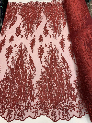 Fire Design Hand Beaded Mesh Lace Fabric