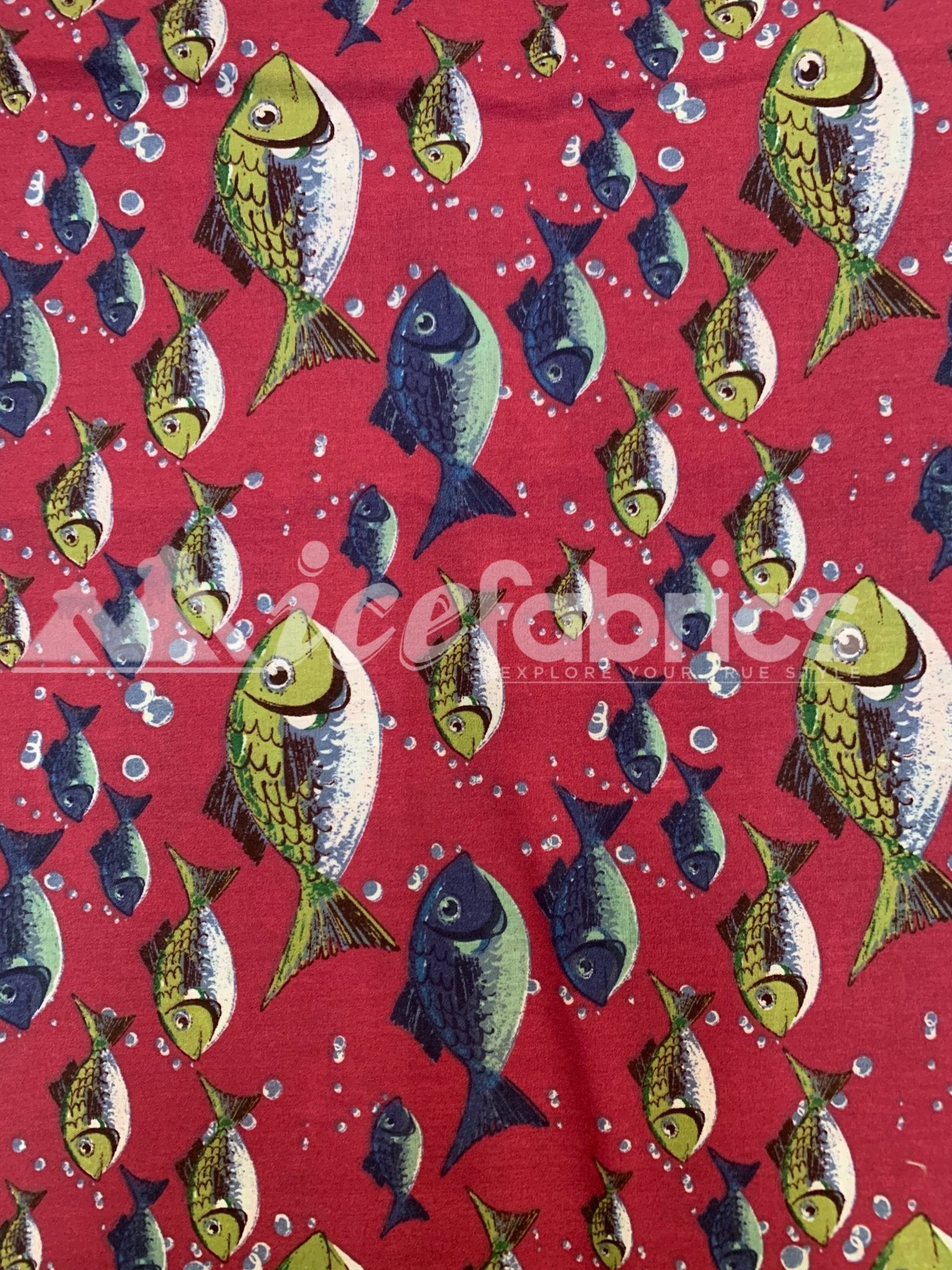 Fashion Fish Print Poly Cotton Fabric By The Yard (Red, Gray, Blue)
