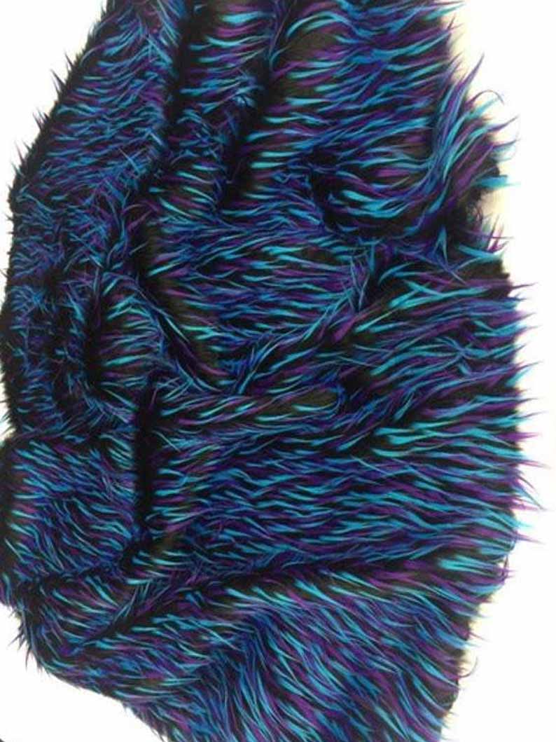 Faux Fake Fur 3 Tone Spiked Shaggy Long Pile Fabric, Black Turquoise Purple, Sold by The YardICEFABRICICE FABRICSBy The Yard (60 inches Wide)Faux Fake Fur 3 Tone Spiked Shaggy Long Pile Fabric, Black Turquoise Purple, Sold by The Yard ICEFABRIC