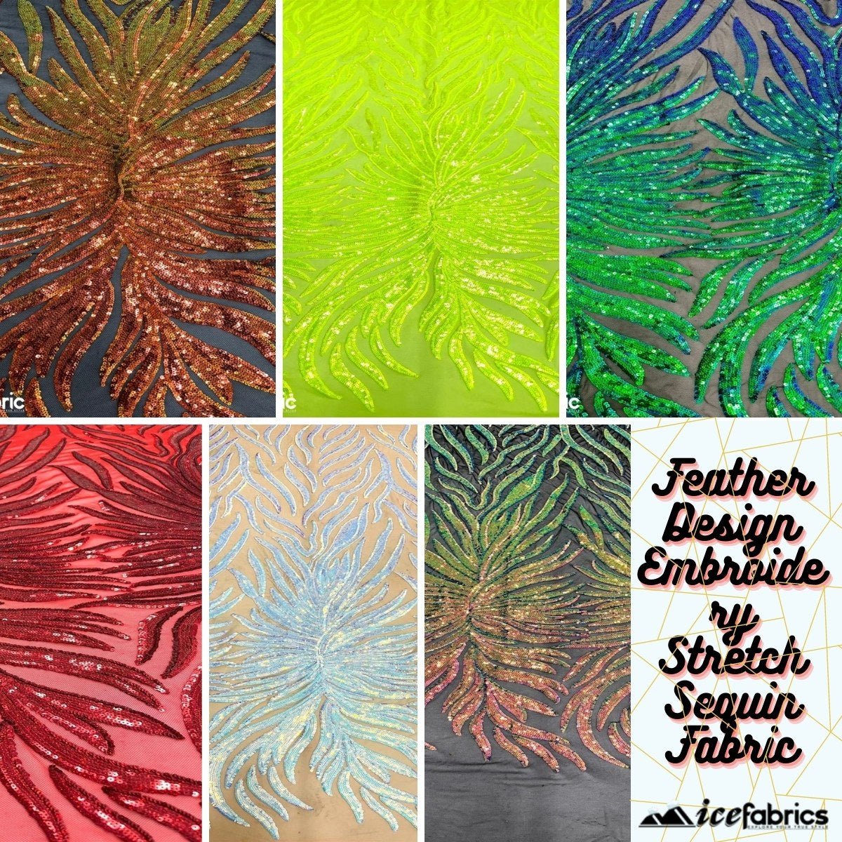 Feather Design Embroidery Stretch Sequin Fabric | 4 Way StretchICE FABRICSICE FABRICSPink Green OrangeFeather Design Embroidery Stretch Sequin Fabric | 4 Way Stretch ICE FABRICS