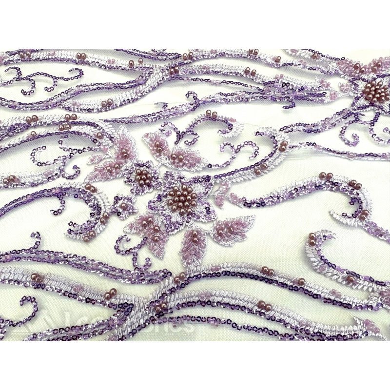 Floral Beaded Lace Fabric By The Yard Embroidered FabricICE FABRICSICE FABRICSLavenderBy The Yard (49" Wide)Floral Beaded Lace Fabric By The Yard Embroidered Fabric ICE FABRICS Lavender