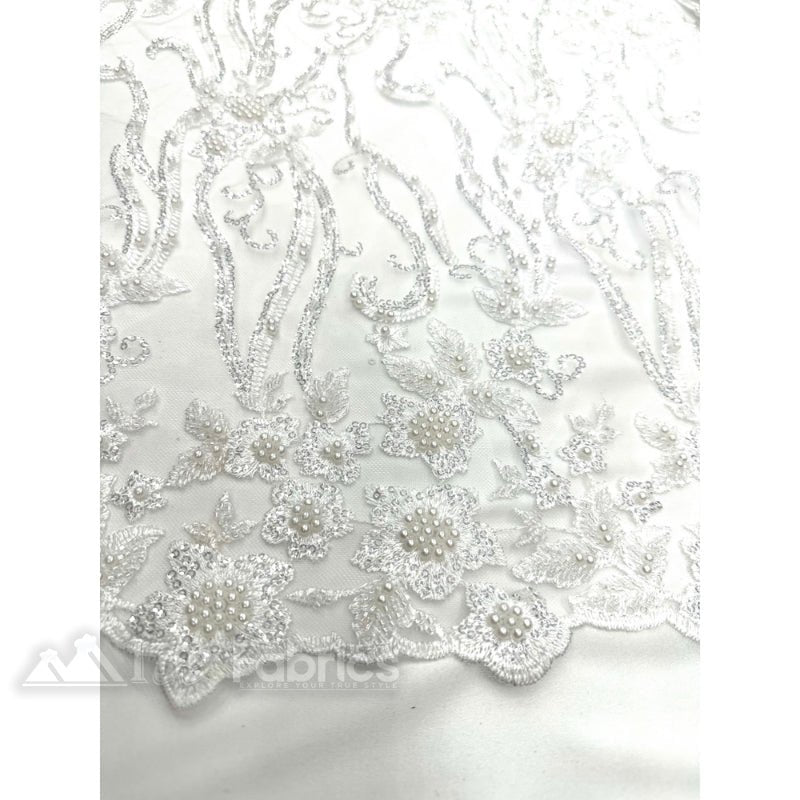 Floral Beaded Lace Fabric By The Yard Embroidered FabricICE FABRICSICE FABRICSWhiteBy The Yard (49" Wide)Floral Beaded Lace Fabric By The Yard Embroidered Fabric ICE FABRICS White