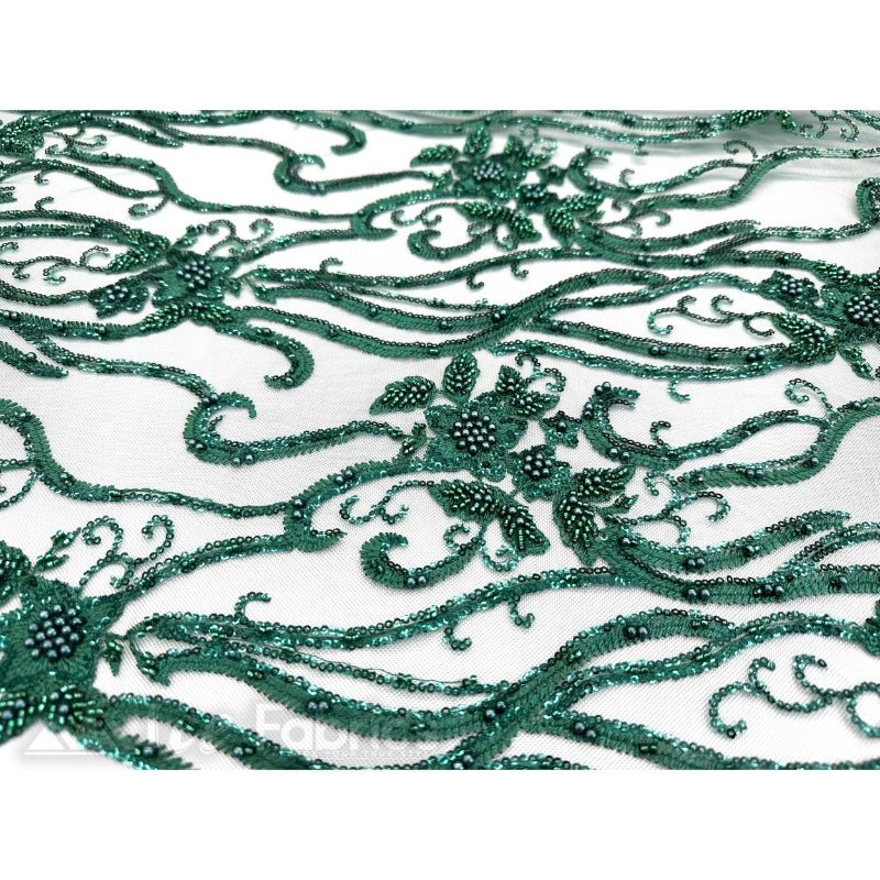 Floral Beaded Lace Fabric By The Yard Embroidered FabricICE FABRICSICE FABRICSHunter GreenBy The Yard (49" Wide)Floral Beaded Lace Fabric By The Yard Embroidered Fabric ICE FABRICS Hunter Green