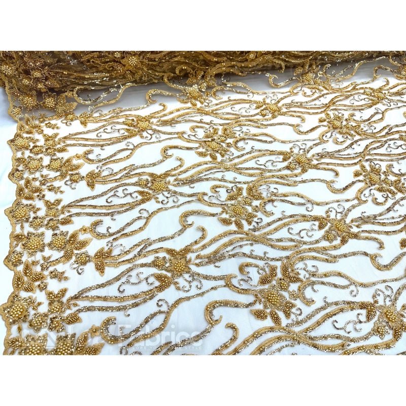Floral Beaded Lace Fabric By The Yard Embroidered FabricICE FABRICSICE FABRICSGoldBy The Yard (49" Wide)Floral Beaded Lace Fabric By The Yard Embroidered Fabric ICE FABRICS Gold