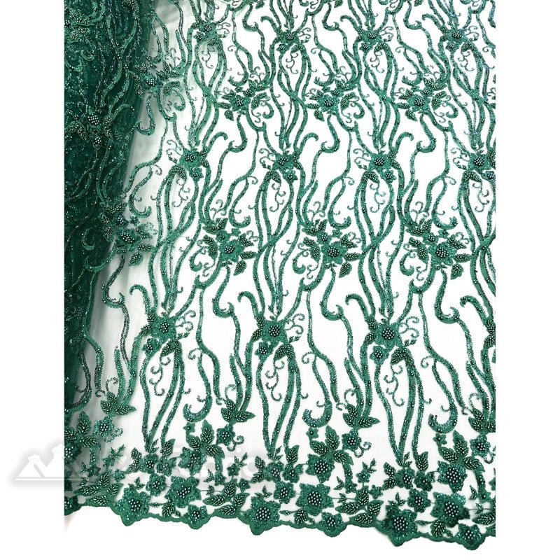 Floral Beaded Lace Fabric By The Yard Embroidered FabricICE FABRICSICE FABRICSHunter GreenBy The Yard (49" Wide)Floral Beaded Lace Fabric By The Yard Embroidered Fabric ICE FABRICS Hunter Green