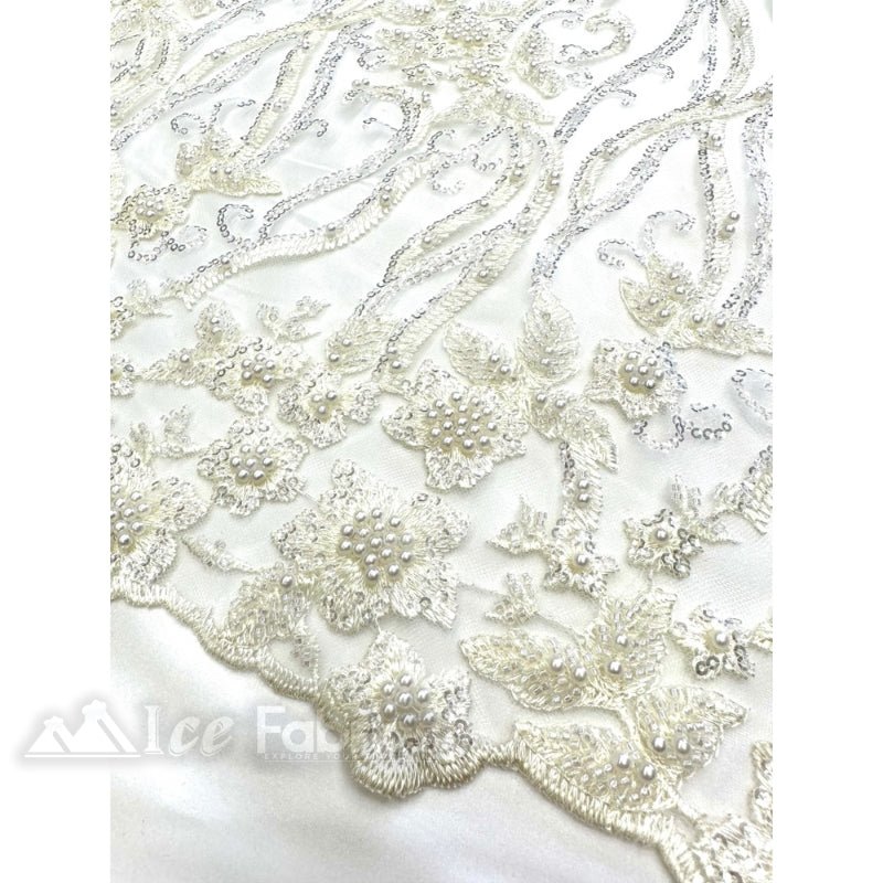 Floral Beaded Lace Fabric By The Yard Embroidered FabricICE FABRICSICE FABRICSIvoryBy The Yard (49" Wide)Floral Beaded Lace Fabric By The Yard Embroidered Fabric ICE FABRICS Ivory