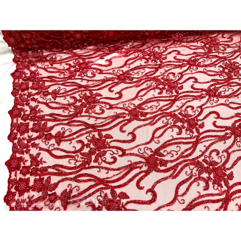 Floral Beaded Lace Fabric By The Yard Embroidered FabricICE FABRICSICE FABRICSRedBy The Yard (49" Wide)Floral Beaded Lace Fabric By The Yard Embroidered Fabric ICE FABRICS Red