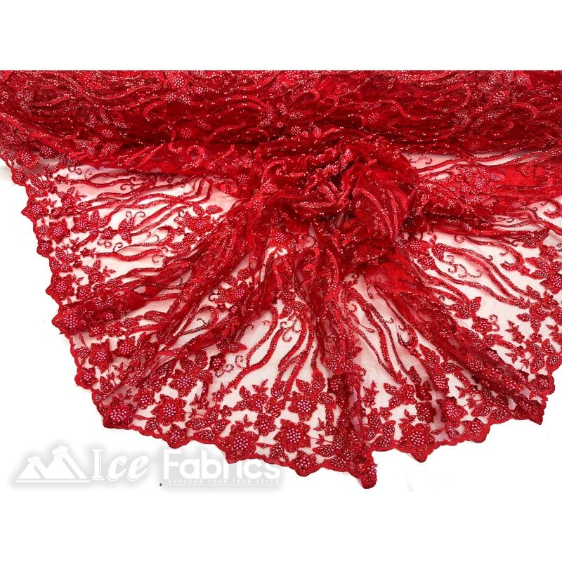 Floral Beaded Lace Fabric By The Yard Embroidered FabricICE FABRICSICE FABRICSRedBy The Yard (49" Wide)Floral Beaded Lace Fabric By The Yard Embroidered Fabric ICE FABRICS Red