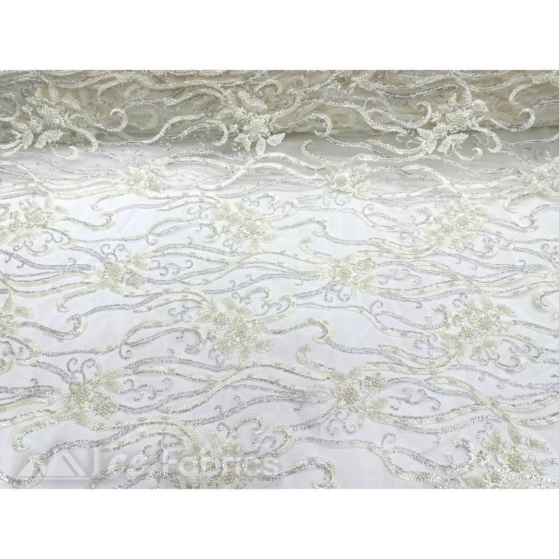 Floral Beaded Lace Fabric By The Yard Embroidered FabricICE FABRICSICE FABRICSIvoryBy The Yard (49" Wide)Floral Beaded Lace Fabric By The Yard Embroidered Fabric ICE FABRICS Ivory