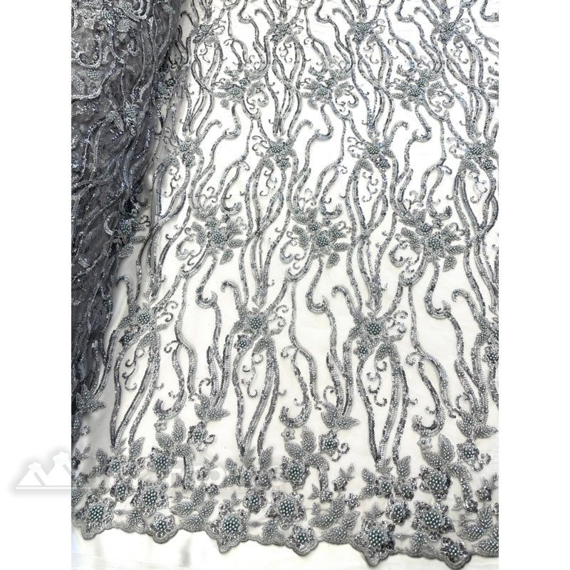 Floral Beaded Lace Fabric By The Yard Embroidered FabricICE FABRICSICE FABRICSSilverBy The Yard (49" Wide)Floral Beaded Lace Fabric By The Yard Embroidered Fabric ICE FABRICS Silver